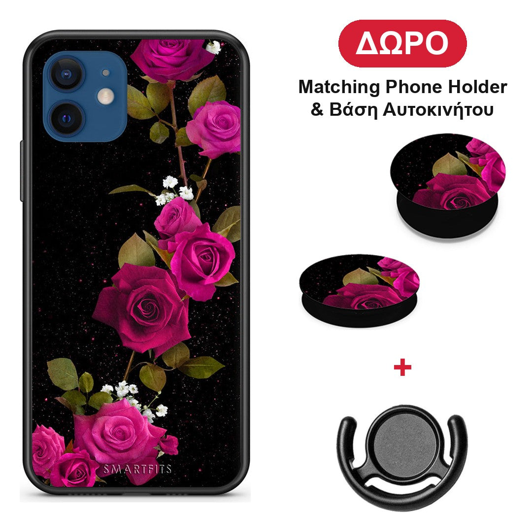 Flower Red Roses - iPhone 12 θήκη + Δώρο Phone Holder & Βάση Αυτοκινήτου