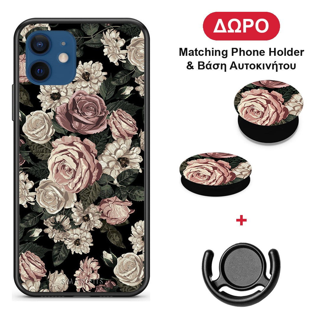 Flower Wild Roses - iPhone 12 θήκη + Δώρο Phone Holder & Βάση Αυτοκινήτου