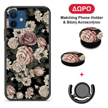 Flower Wild Roses - iPhone 12 θήκη + Δώρο Phone Holder & Βάση Αυτοκινήτου