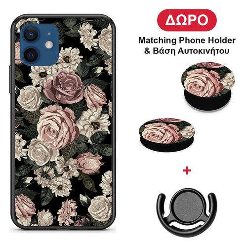 Flower Wild Roses - iPhone 12 θήκη + Δώρο Phone Holder & Βάση Αυτοκινήτου