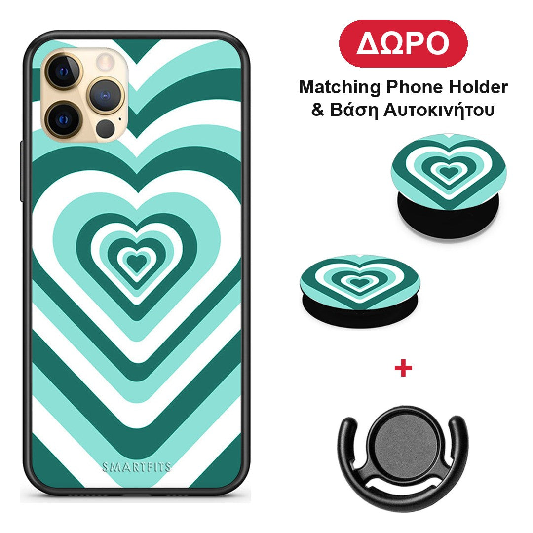 Green Hearts - iPhone 12 θήκη + Δώρο Phone Holder & Βάση Αυτοκινήτου