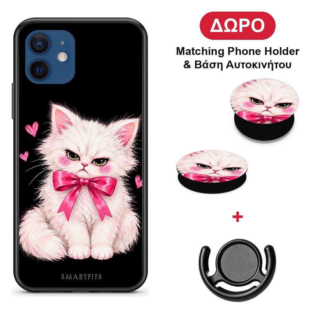 Grumpy Party Kitten on Black - iPhone 12 θήκη + Δώρο Phone Holder & Βάση Αυτοκινήτου