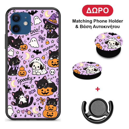 Halloween Black Cats on Lilac - iPhone 12 θήκη + Δώρο Phone Holder & Βάση Αυτοκινήτου