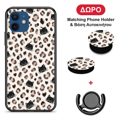 Leopard Spots and Black Cats on Cream - iPhone 12 θήκη + Δώρο Phone Holder & Βάση Αυτοκινήτου
