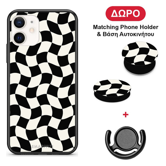 Black and Cream Wavy Checkerboard - iPhone 12 Mini θήκη + Δώρο Phone Holder & Βάση Αυτοκινήτου