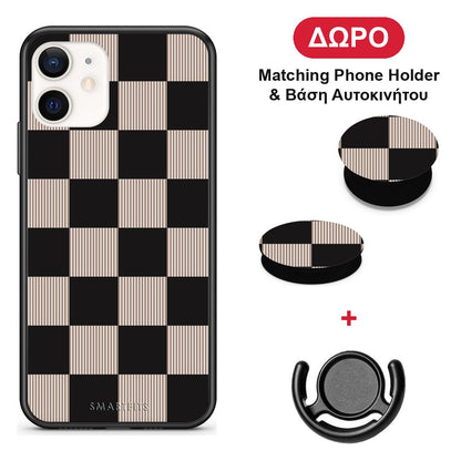 Black and Taupe Striped Checks - iPhone 12 Mini θήκη + Δώρο Phone Holder & Βάση Αυτοκινήτου