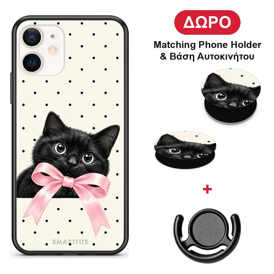 Black Kitten Pink Bow and Polka Dots - iPhone 12 Mini θήκη + Δώρο Phone Holder & Βάση Αυτοκινήτου