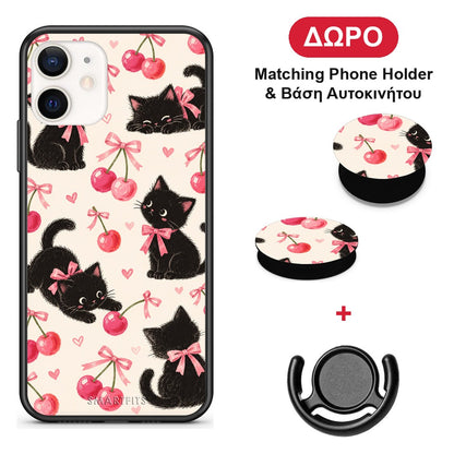 Black Kittens and Cherries on Cream - iPhone 12 Mini θήκη + Δώρο Phone Holder & Βάση Αυτοκινήτου