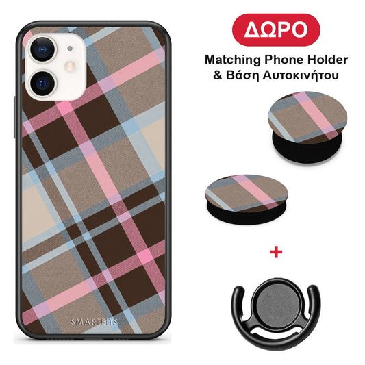Brown Pink and Blue Diagonal Plaid - iPhone 12 Mini θήκη + Δώρο Phone Holder & Βάση Αυτοκινήτου