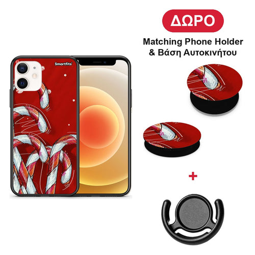 Candy Cane - iPhone 12 Mini θήκη + Δώρο Phone Holder & Βάση Αυτοκινήτου