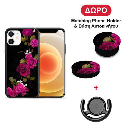 Flower Red Roses - iPhone 12 Mini θήκη + Δώρο Phone Holder & Βάση Αυτοκινήτου