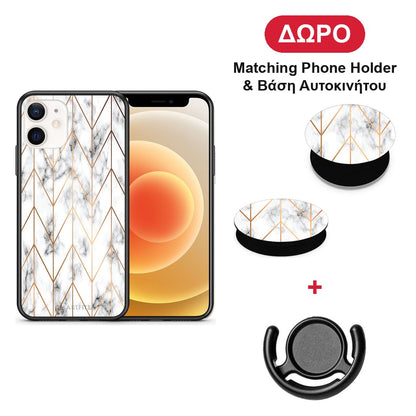 Marble Gold Geometric - iPhone 12 Mini θήκη + Δώρο Phone Holder & Βάση Αυτοκινήτου