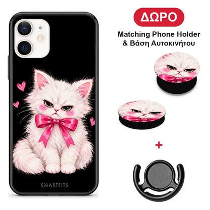 Grumpy Party Kitten on Black - iPhone 12 Mini θήκη + Δώρο Phone Holder & Βάση Αυτοκινήτου