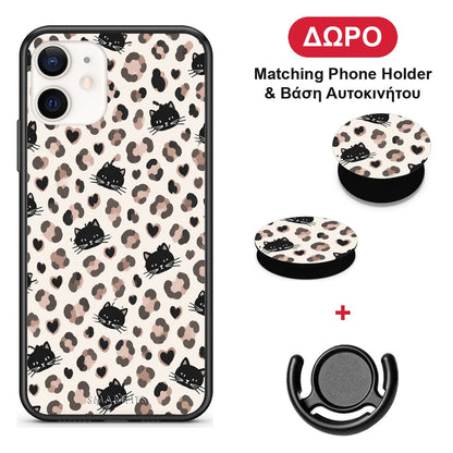Leopard Spots and Black Cats on Cream - iPhone 12 Mini θήκη + Δώρο Phone Holder & Βάση Αυτοκινήτου