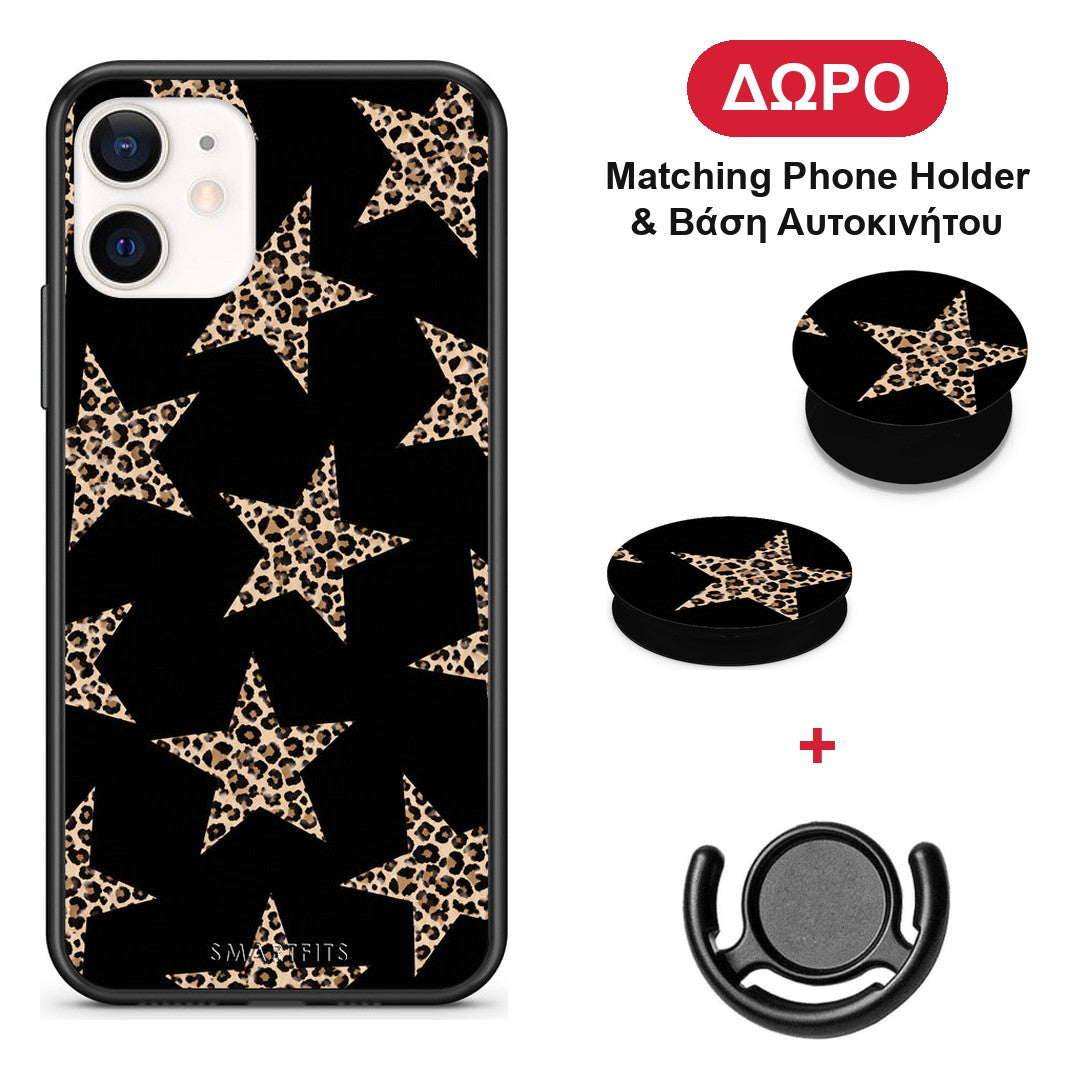 Leopard Stars on Black - iPhone 12 Mini θήκη + Δώρο Phone Holder & Βάση Αυτοκινήτου
