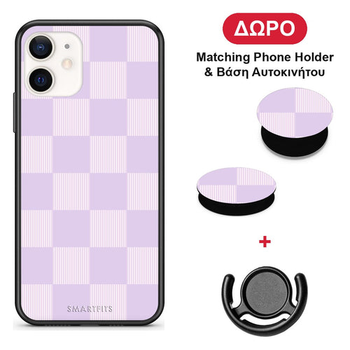 Lilac and Cream Striped Checks - iPhone 12 Mini θήκη + Δώρο Phone Holder & Βάση Αυτοκινήτου