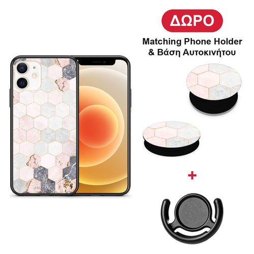 Marble Hexagon Pink - iPhone 12 Mini θήκη + Δώρο Phone Holder & Βάση Αυτοκινήτου