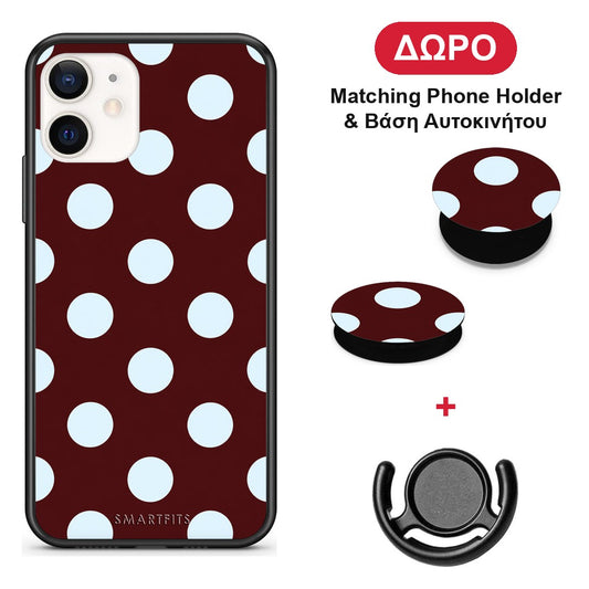 Pale Blue Large Polka Dots on Burgundy - iPhone 12 Mini θήκη + Δώρο Phone Holder & Βάση Αυτοκινήτου