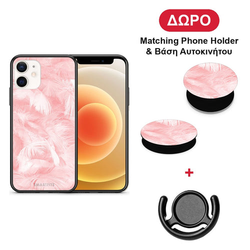 Boho Pink Feather - iPhone 12 Mini θήκη + Δώρο Phone Holder & Βάση Αυτοκινήτου