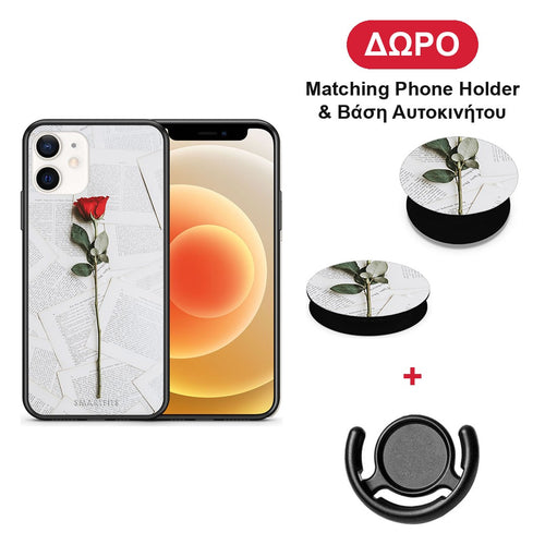 Red Rose - iPhone 12 Mini θήκη + Δώρο Phone Holder & Βάση Αυτοκινήτου