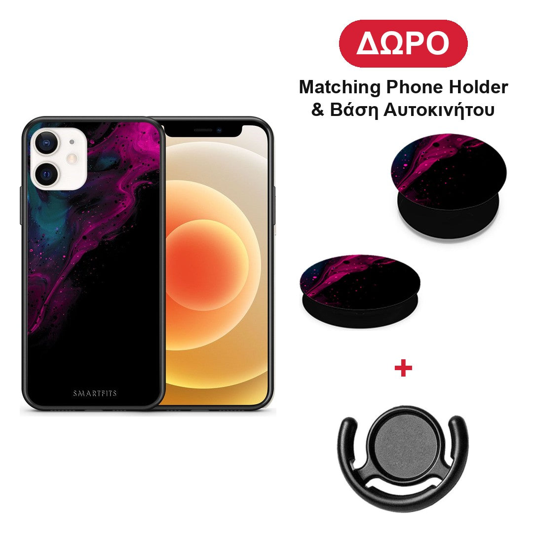 Watercolor Pink Black - iPhone 12 Mini θήκη + Δώρο Phone Holder & Βάση Αυτοκινήτου