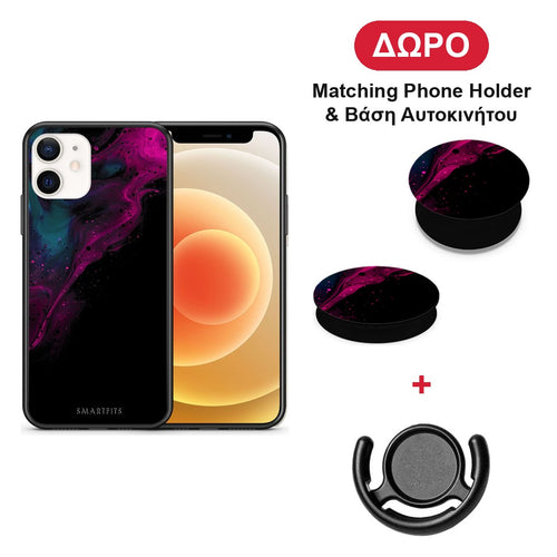 Watercolor Pink Black - iPhone 12 Mini θήκη + Δώρο Phone Holder & Βάση Αυτοκινήτου