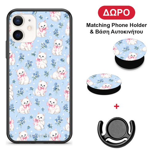White Kittens and Blue Flowers Small - iPhone 12 Mini θήκη + Δώρο Phone Holder & Βάση Αυτοκινήτου