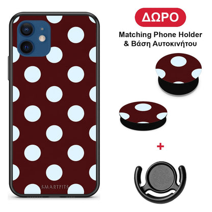 Pale Blue Large Polka Dots on Burgundy - iPhone 12 θήκη + Δώρο Phone Holder & Βάση Αυτοκινήτου