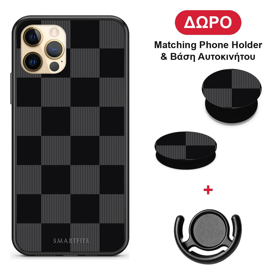 Black and Charcoal Striped Checks - iPhone 12 Pro θήκη + Δώρο Phone Holder & Βάση Αυτοκινήτου