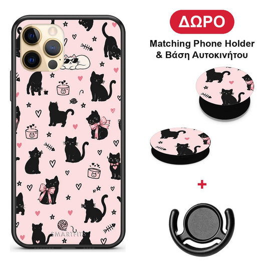 Black Cat Doodles on Pink - iPhone 12 Pro θήκη + Δώρο Phone Holder & Βάση Αυτοκινήτου
