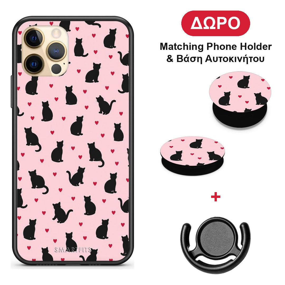 Black Cat Silhouettes and Hearts on Pink - iPhone 12 Pro θήκη + Δώρο Phone Holder & Βάση Αυτοκινήτου