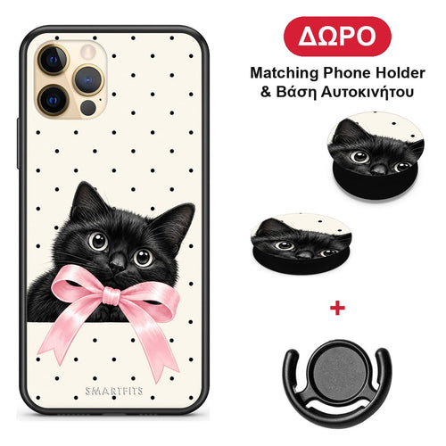 Black Kitten Pink Bow and Polka Dots - iPhone 12 Pro θήκη + Δώρο Phone Holder & Βάση Αυτοκινήτου