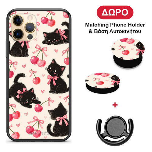 Black Kittens and Cherries on Cream - iPhone 12 Pro θήκη + Δώρο Phone Holder & Βάση Αυτοκινήτου