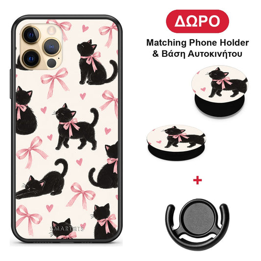 Black Kittens and Pink Bows on Cream Large - iPhone 12 Pro θήκη + Δώρο Phone Holder & Βάση Αυτοκινήτου