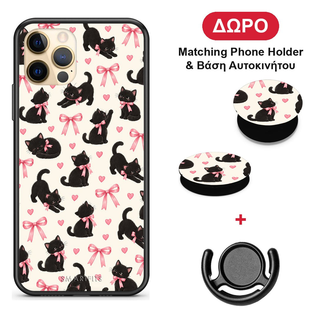 Black Kittens and Pink Bows on Cream Small - iPhone 12 Pro θήκη + Δώρο Phone Holder & Βάση Αυτοκινήτου