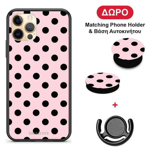Black Polka Dots on Pink - iPhone 12 Pro θήκη + Δώρο Phone Holder & Βάση Αυτοκινήτου