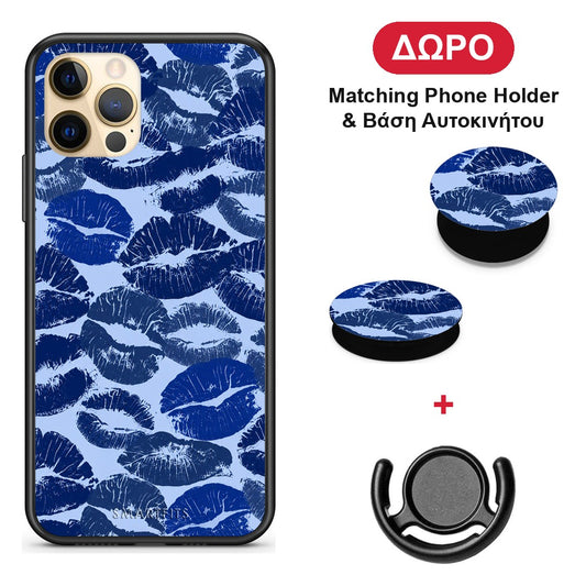 Blue Lipstick Kisses - iPhone 12 Pro θήκη + Δώρο Phone Holder & Βάση Αυτοκινήτου