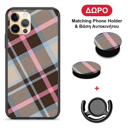 Brown Pink and Blue Diagonal Plaid - iPhone 12 Pro θήκη + Δώρο Phone Holder & Βάση Αυτοκινήτου
