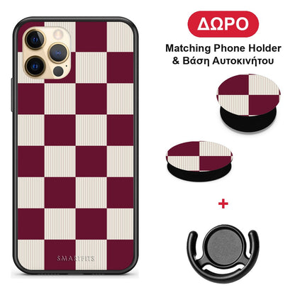 Burgundy and Cream Striped Checks - iPhone 12 Pro θήκη + Δώρο Phone Holder & Βάση Αυτοκινήτου