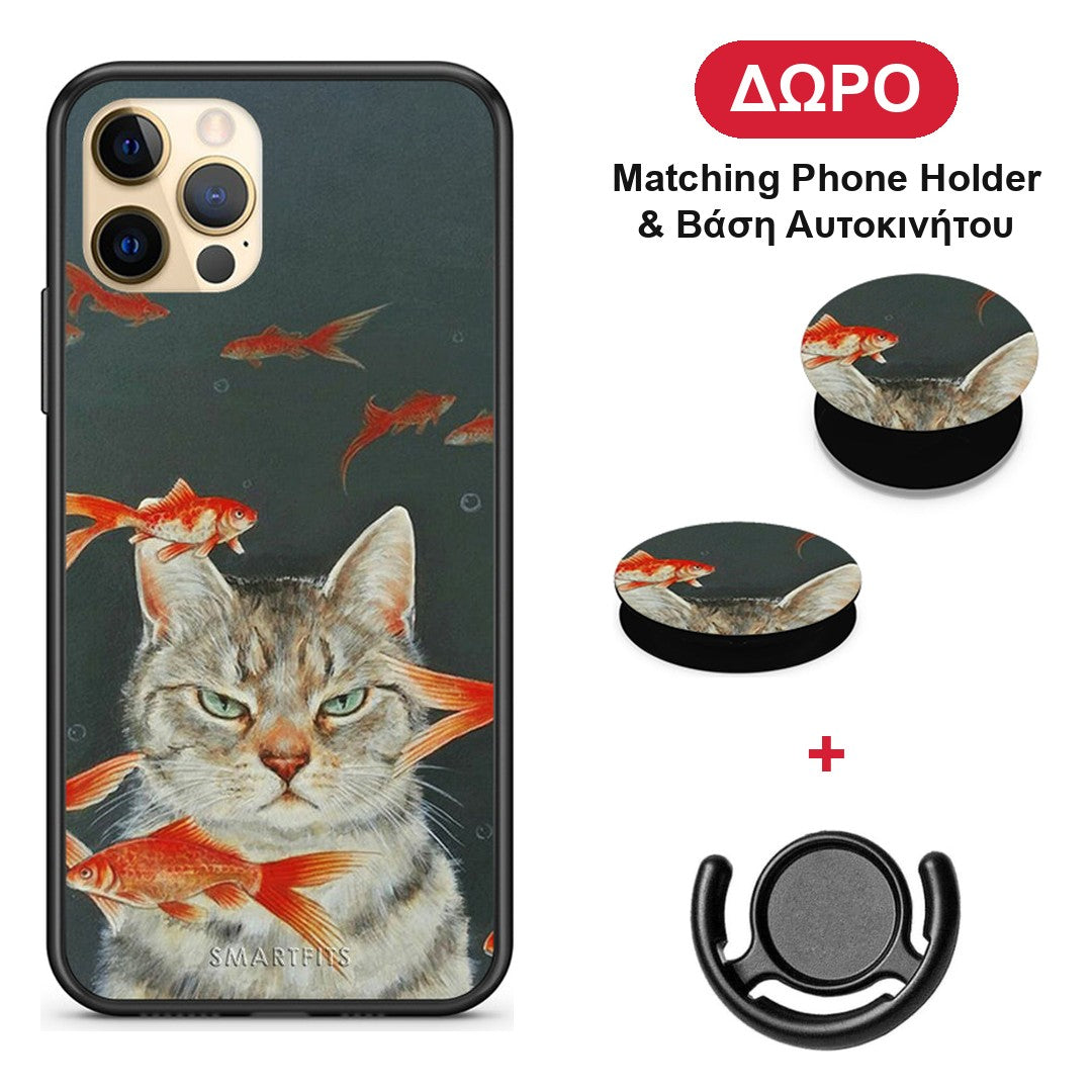 Cat Goldfish - iPhone 12 Pro θήκη + Δώρο Phone Holder & Βάση Αυτοκινήτου
