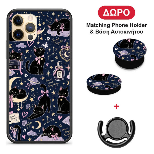 Celestial Black Cats on Navy - iPhone 12 Pro θήκη + Δώρο Phone Holder & Βάση Αυτοκινήτου