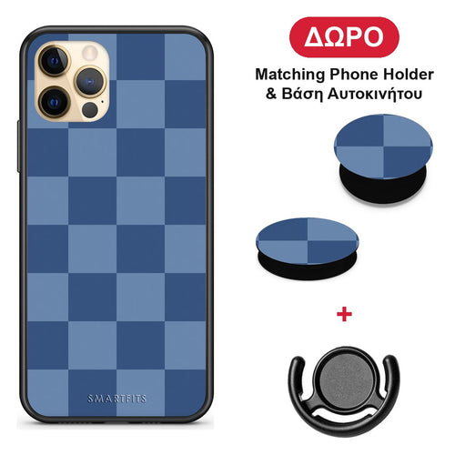 Denim Blue Checkerboard - iPhone 12 Pro θήκη + Δώρο Phone Holder & Βάση Αυτοκινήτου