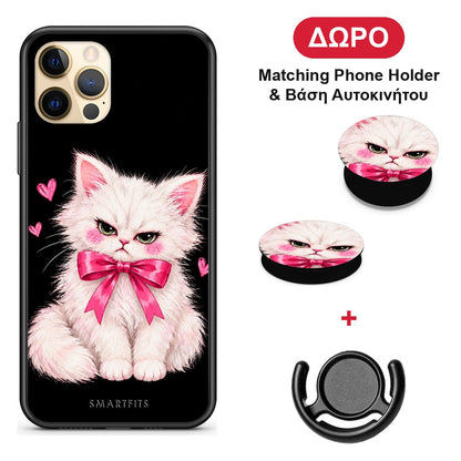 Grumpy Party Kitten on Black - iPhone 12 Pro θήκη + Δώρο Phone Holder & Βάση Αυτοκινήτου