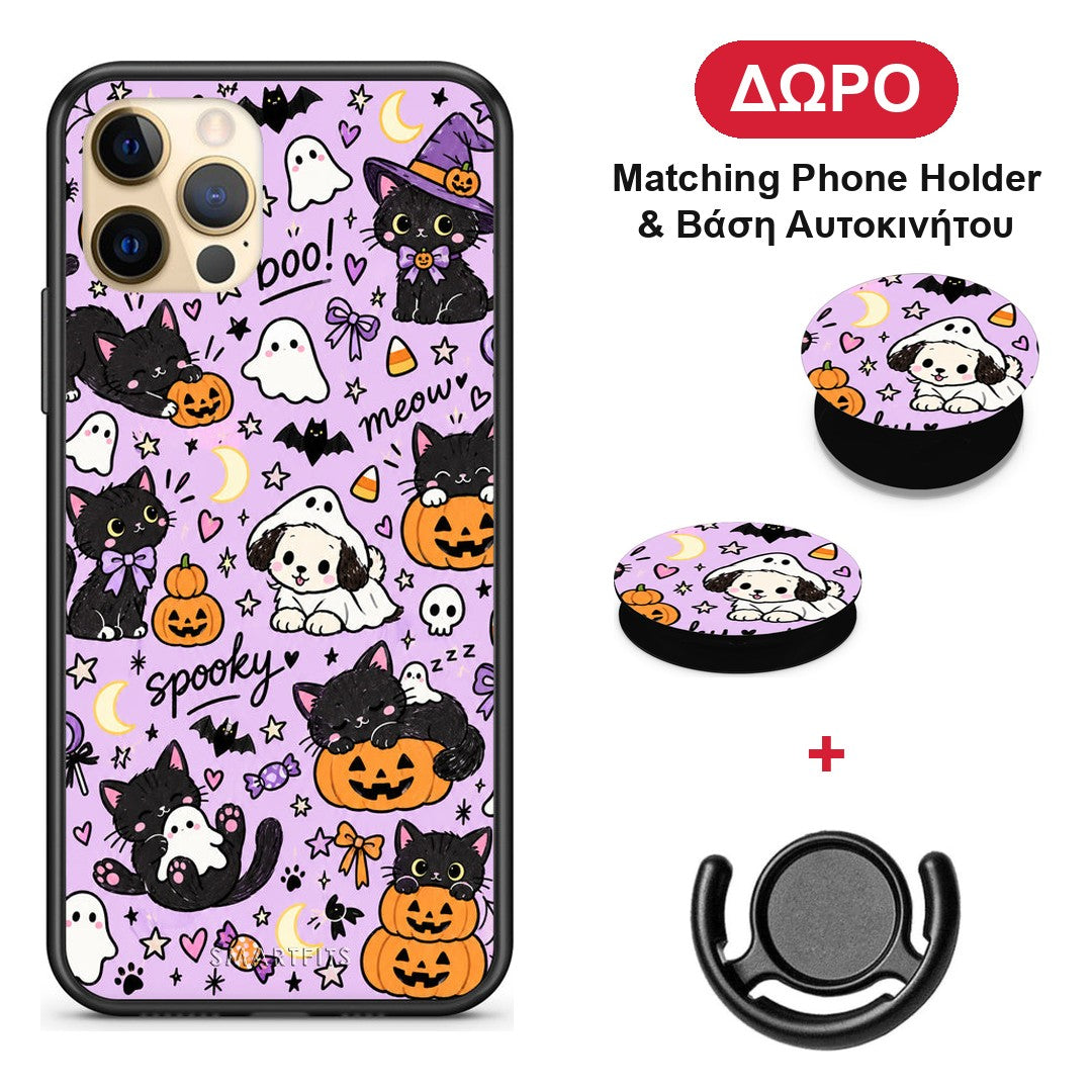 Halloween Black Cats on Lilac - iPhone 12 Pro θήκη + Δώρο Phone Holder & Βάση Αυτοκινήτου