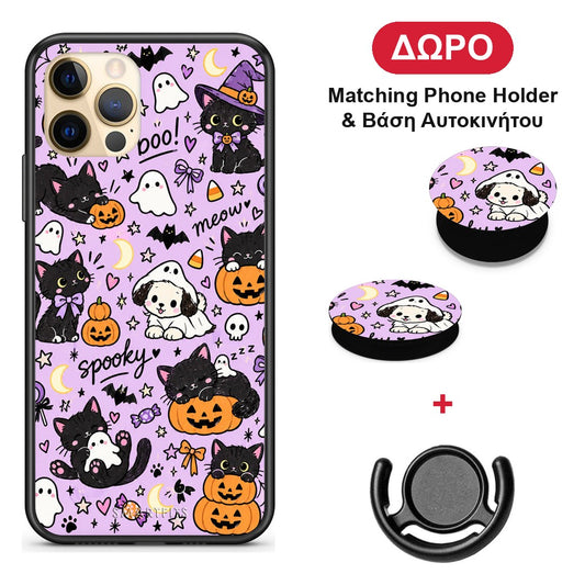 Halloween Black Cats on Lilac - iPhone 12 Pro θήκη + Δώρο Phone Holder & Βάση Αυτοκινήτου