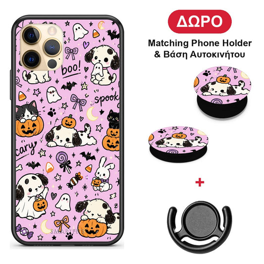 Halloween Puppies and Friends on Lilac - iPhone 12 Pro θήκη + Δώρο Phone Holder & Βάση Αυτοκινήτου