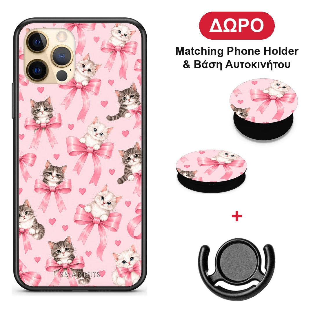 Kittens and Pink Bows on Pink - iPhone 12 Pro θήκη + Δώρο Phone Holder & Βάση Αυτοκινήτου