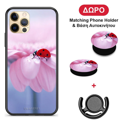 Ladybug Flower - iPhone 12 Pro θήκη + Δώρο Phone Holder & Βάση Αυτοκινήτου