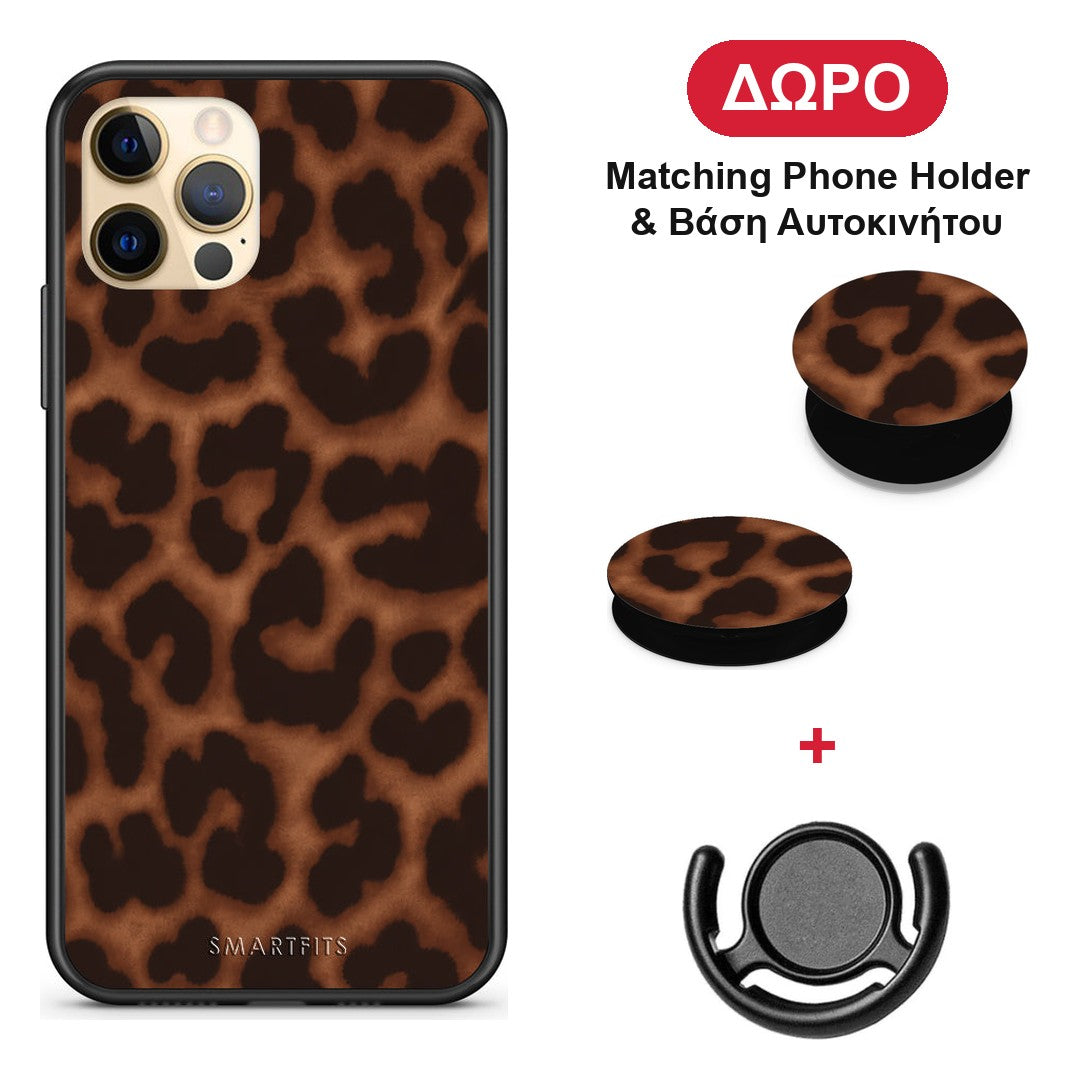 Leopard Print Dark Brown - iPhone 12 Pro θήκη + Δώρο Phone Holder & Βάση Αυτοκινήτου