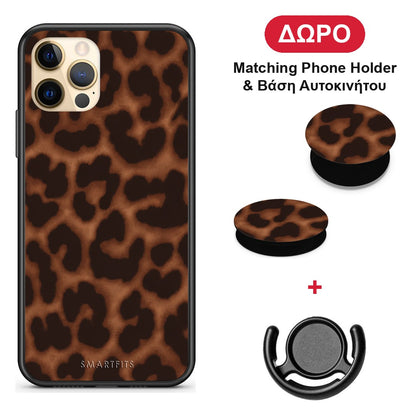 Leopard Print Dark Brown - iPhone 12 Pro θήκη + Δώρο Phone Holder & Βάση Αυτοκινήτου